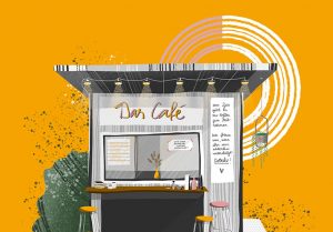 Illustration eines kleinen Cafés mit Stehhockern vor sonnengelbem Hintergrund