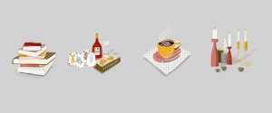 Vier Illustrationen von alltäglichen Gegenständen wie Büchern, Wein und Spielkarten, einer Tasse Kaffee und Kerzen.