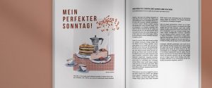 Aufgeschlagene Magazinseite mit linkes einer Illustration und rechts einem Artikel dazu.