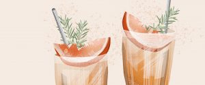 Illustration von zwei Cocktailgläsern mit Grapefriut, Rosmarin und jeweils einem Metallstohhalm drin.