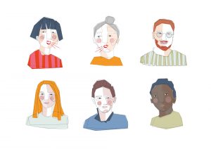 Illustration von sechs verschiedenen Portrait, die sehr farbenfroh sind.