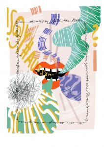 Illustration eines roten offenen Mundes, aus dem viele Sprechblase, wirre Formen und Buchstaben und Laute kommen. Darstellung von Redestörungen.