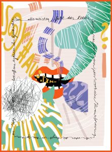 Illustration eines roten offenen Mundes, aus dem viele Sprechblase, wirre Formen und Buchstaben und Laute kommen. Darstellung von Redestörungen.