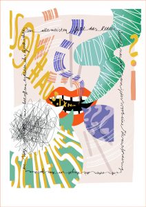 Illustration eines roten offenen Mundes, aus dem viele Sprechblase, wirre Formen und Buchstaben und Laute kommen. Darstellung von Redestörungen.