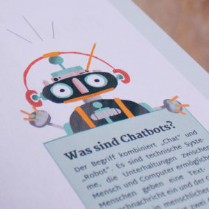 gezeichneter Roboter, der hinter einem Textabschnitt hervorschaut