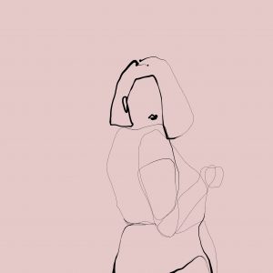 Filigrane one line illustration einer nakten Frau, die mit dem Rücken zum Betrachter steht und über ihre rechte Schulter blickt.