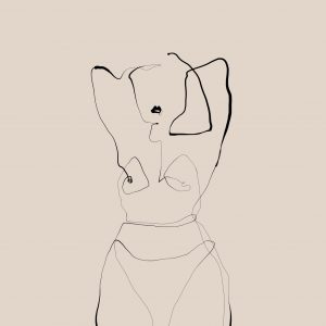 Filigrane one line illustration einer nakten Frau, die die Arme hinter dem Kopf verschränkt.