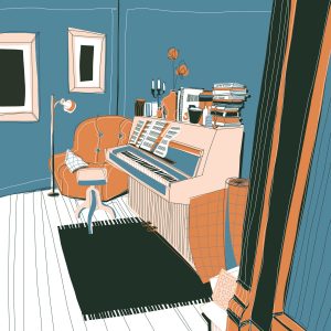 Illustration eines Klavieres mit Kalvierstuhl, grünem Teppich und allerlei Krimskrams auf dem Klavier, wie beispielsweise Bücher, Vasen und andere Gefäße.