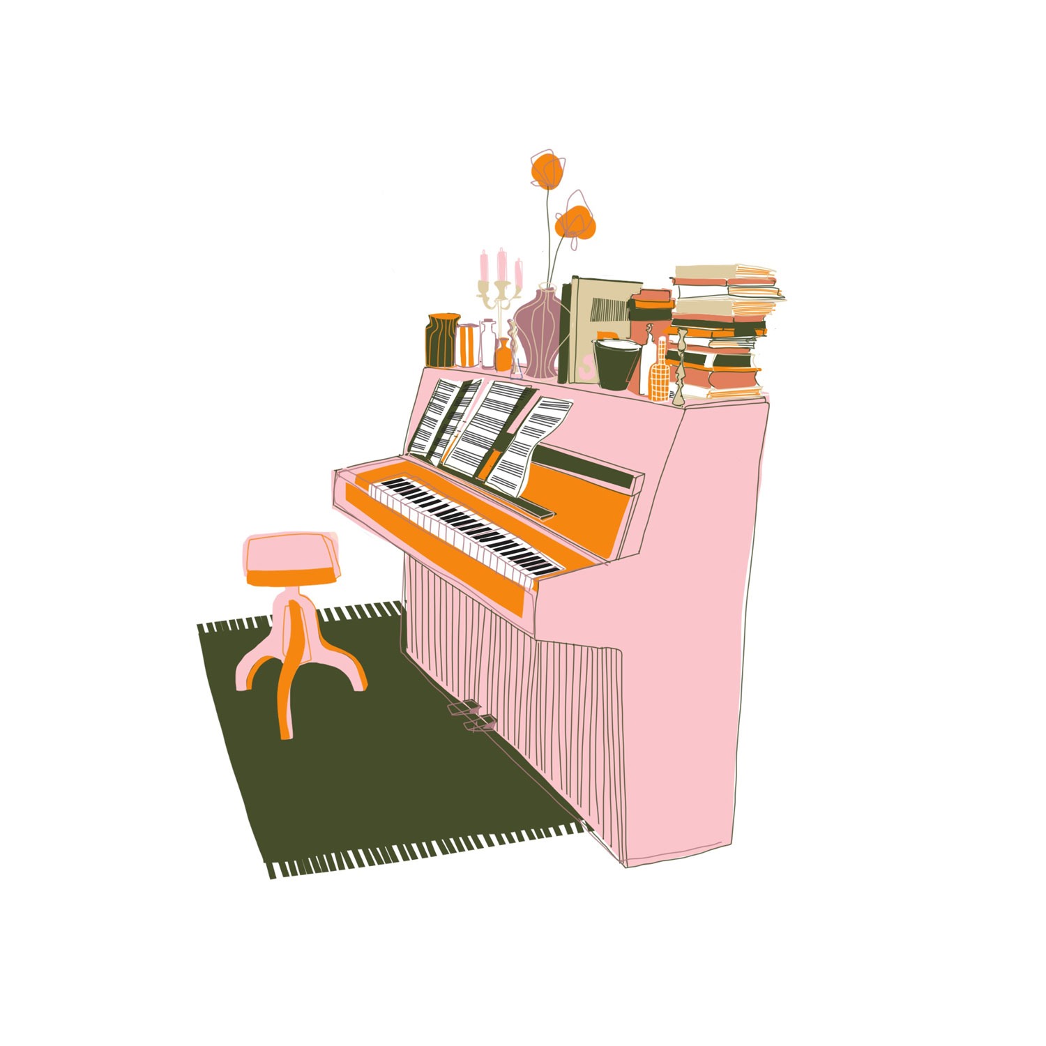 Illustration eines Klavieres mit Kalvierstuhl, grünem Teppich und allerlei Krimskrams auf dem Klavier, wie beispielsweise Bücher, Vasen und andere Gefäße.