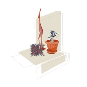 Illustration eines Stilllebens mit einer Pflanze im Tontopf, einem Bund Lavendel und einer filigranen Holzfigur.