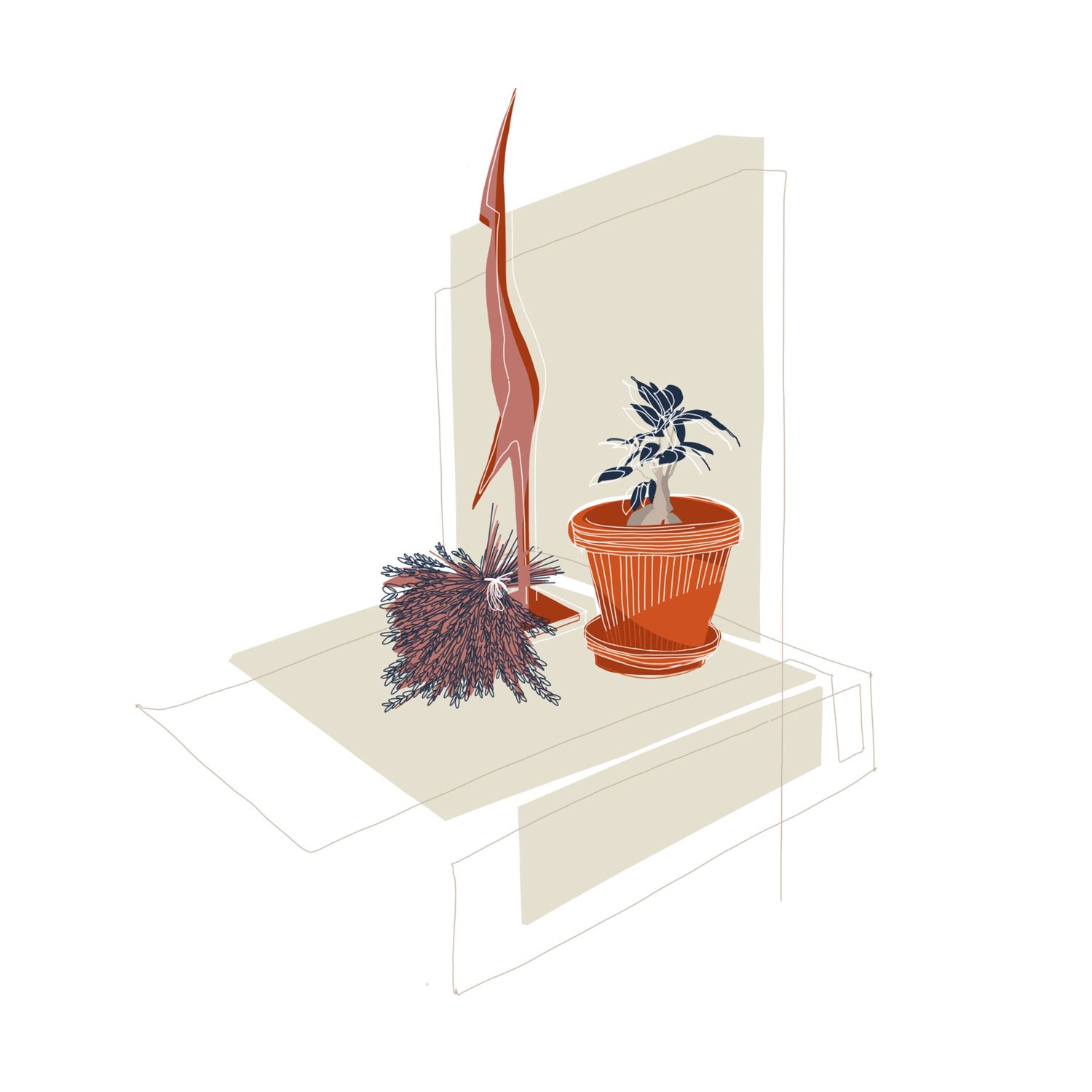 Illustration eines Stilllebens mit einer Pflanze im Tontopf, einem Bund Lavendel und einer filigranen Holzfigur.