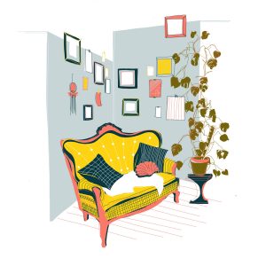 Illustration eines Zimmer mit gelbem Sofa, einer großen Monstera-Pflanze und vielen Bildern an einer hellblauen Wand.