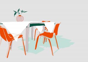 Illustration von einem Tisch im Garten mit orangenen Stühlen und einer Vase.