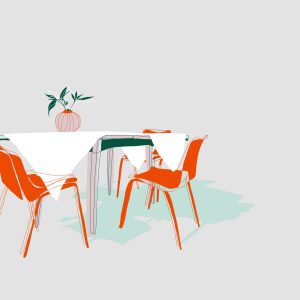 Illustration von einem Tisch im Garten mit orangenen Stühlen und einer Vase.