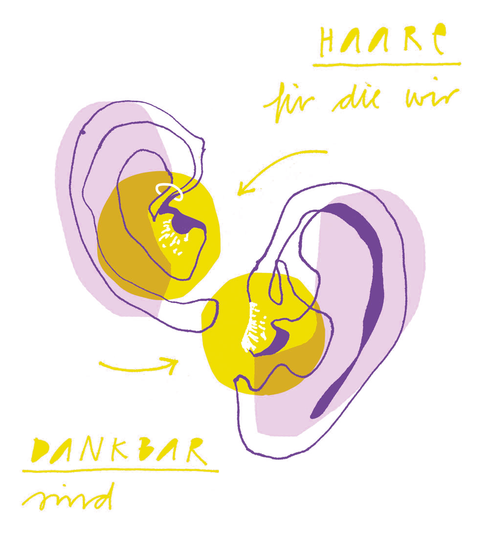 Zwei gezeichnete Ohren, dazu ein handgeschriebener Text: Haare, für die wir dankbar sind