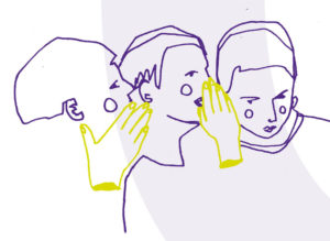 drei gezeichnete Gesichter, die sich gegenseitig etwas ins Ohr flüstern, ähnlich wie Stille Post