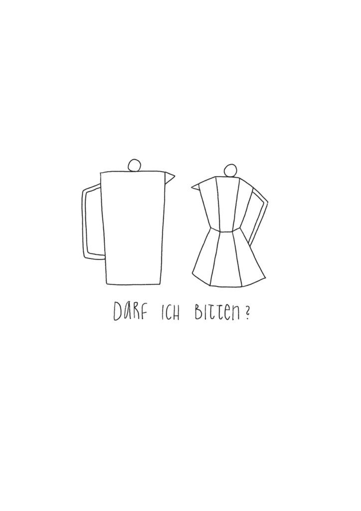 Jule Richter – Illustration & Animation: Daily sketch von einer Tee- und einer Kaffeekann, die zusammen tanzen möchten. Unter ihnen steht "Darf ich bitten?".