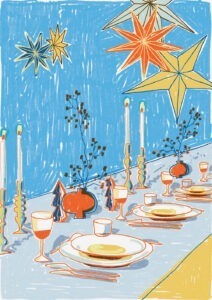 Illustration eines gedeckten weihnachtlichen Tisches in bunten Farben und festlicher Stimmung.