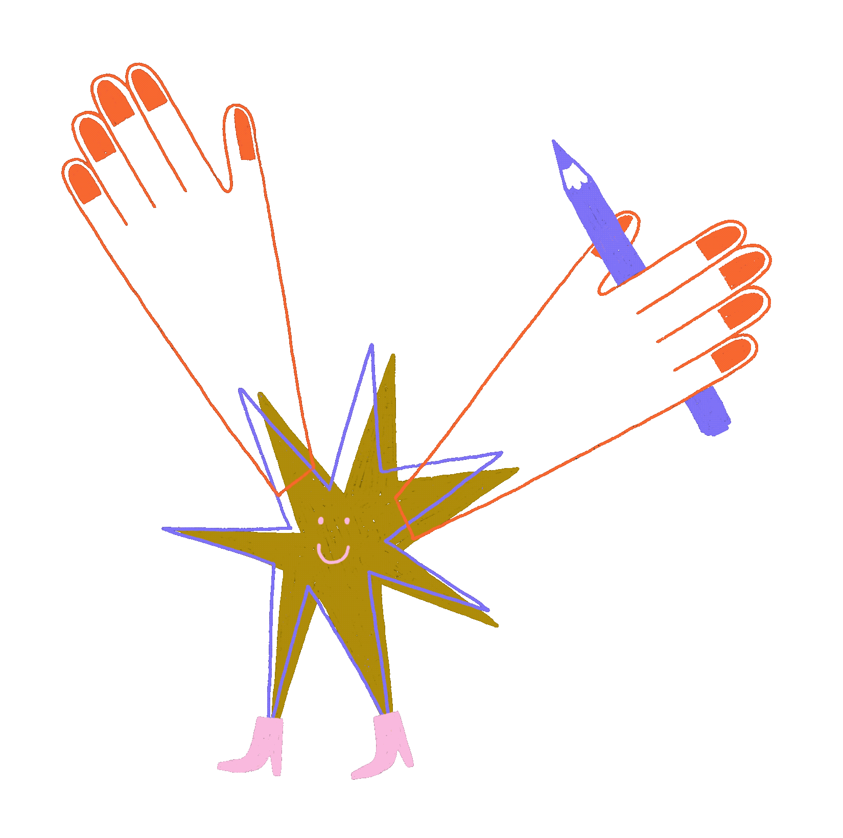 Jule Richter, Illustratorin und Animationsdesignerin – animierte Illustration eines Sterns mit großen Händen, in denen er einen Stift hält und winkt.